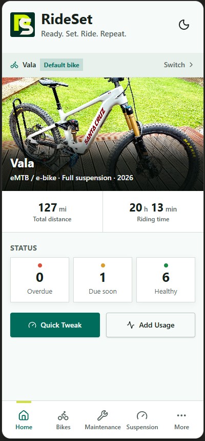 RideSet app showing Vala’s bicycle usage and maintenance status